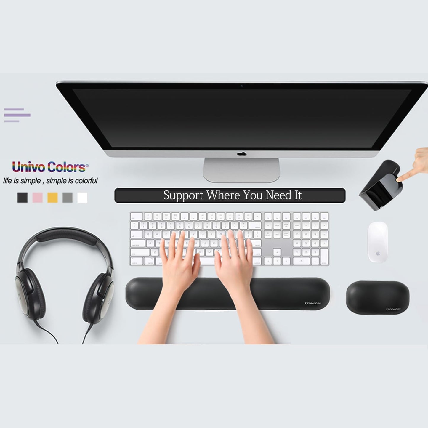 UnivoColors Design-Wave Set of Wrist Rest,Artificial Sheepskin+Memory Foam+Ergonomic+Anti-Slip Gel, Resilience Support During Work and Gaming,Keyboard Accessory,Yellow