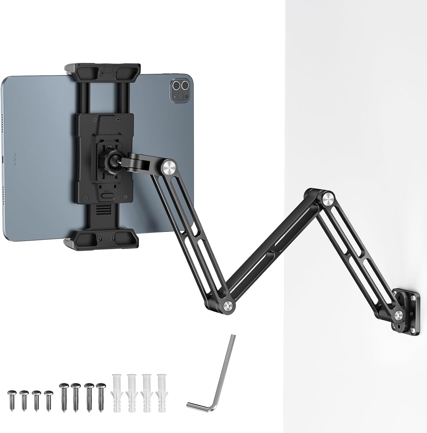 OHLPRO Aluminum Tablet Wall Mount Holder - 360° Adjustable & Extendable 3-Stage Arm for iPad Pro/Air/Mini, Galaxy Tab 5-13" | Heavy Duty Metal Stand for Kitchen, Office, Bedroom