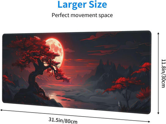 Extended Gaming Mouse Pad, Large Desk Mat XL Anime Mouse Pad Waterproof with Stitched Edges, Non-Slip Desktop Pad for Home and Office, Level Up Your 31.5x11.8 Inch (Darkness Red Moon)