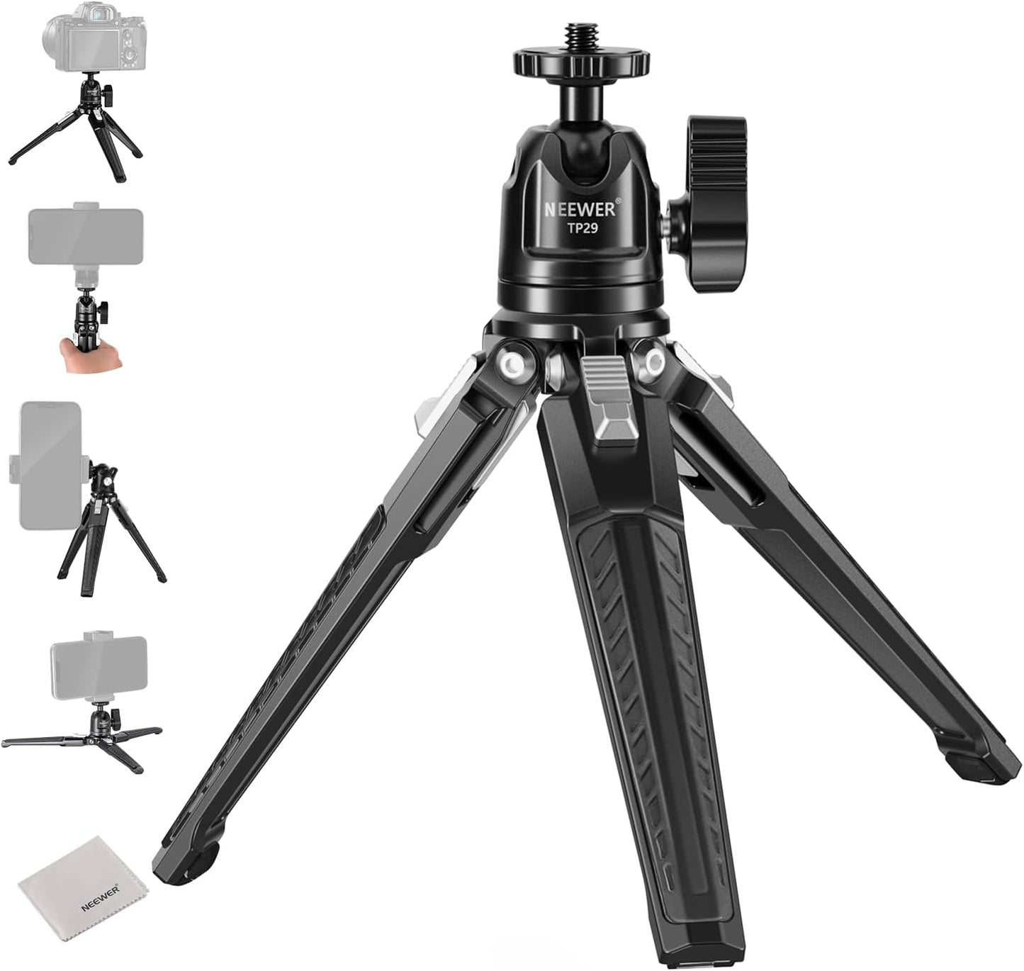 NEEWER Mini Desk Tripod, Metal Table Top Small Portable Travel Selfie Stick Stand with 360° Ball Head & 1/4" Screw for Camera Mobile Phone Holder Action Cam, Cleaning Cloth, Max Load 6.6 lbs, TP29