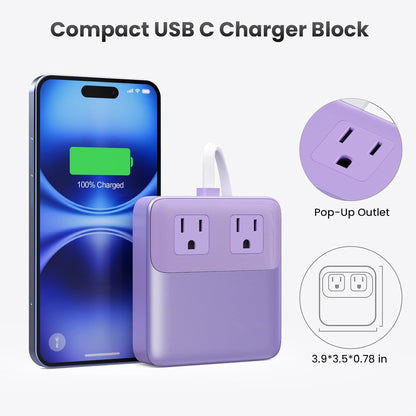 USB C Charger Block,135W GaN IV Fast Charging Station Hub,6-in-1 USB C Power Strip with Flat Plug and 5ft Cord,2 AC,2 USB A,2 USB C,PD 65W Laptop Charger for MacBook Air/Pro,iPhone16/15,Samsung-Purple