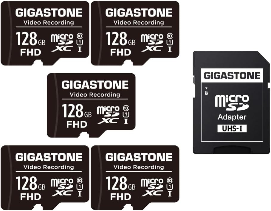 GIGASTONE 128GB Micro SD Card 5-Pack, A1 V30 4K Video Recording, Compatible with Security Camera, Dash Cam, Drone, 100MB/s MicroSDXC Memory Card UHS-I, with Adapter