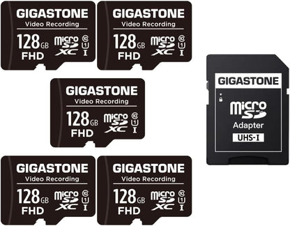 GIGASTONE 128GB Micro SD Card 5-Pack, A1 V30 4K Video Recording, Compatible with Security Camera, Dash Cam, Drone, 100MB/s MicroSDXC Memory Card UHS-I, with Adapter