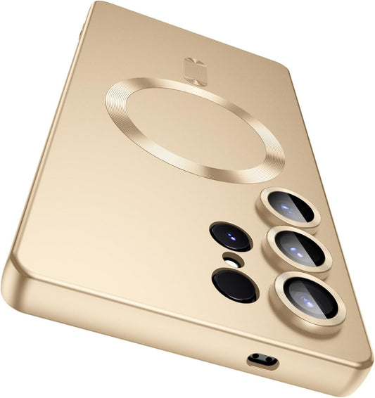 Magnetic for Samsung Galaxy S25 Ultra Case [Compatible with MagSafe][Built-in Camera Lens Protector] Slim Soft Silicone Bumper Shockproof Metallic Luster Phone Shell (Gold)