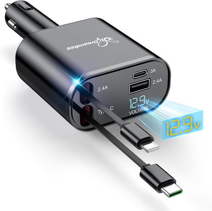 DreamBee Retractable Car Charger,66W 4 in 1 Super Fast Charge Car Phone Charger,Retractable Cables (31.5 inch) and 2 USB Ports Car Charger Adapter for iPhone 15/14/13/12 Pro Max XR,iPad,Samsung-Black