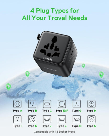 MOMAX Mini Universal Travel Adapter Worldwide, 2 AC, All European Travel Plug Adapter UK, Travel Essentials for US to Europe Adaptor, All-in-One Wall Charger for AUS JP (No USB Port)