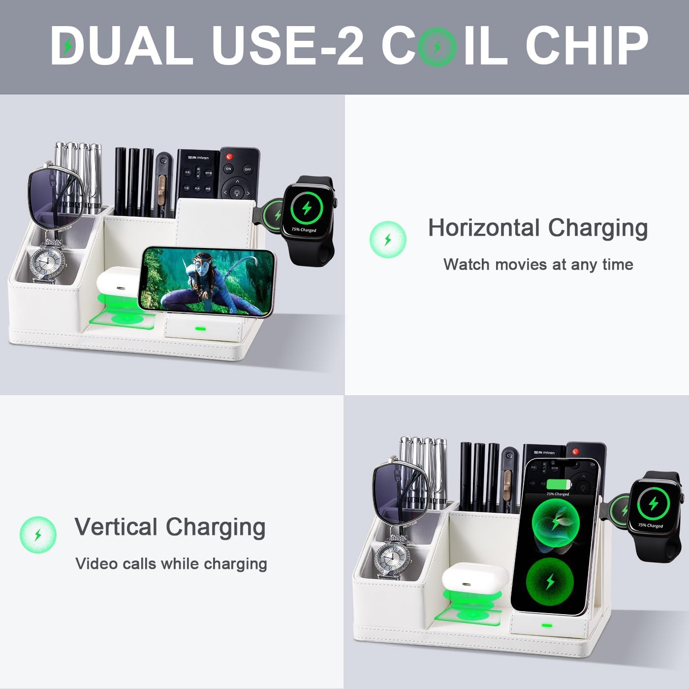 Leather Pen Organizer, Multi-Functional Pencil Holder for Desk, Desk Organizers and Accessories for Office Art Supplies,desk organizer with phone stand/charger,Birthday Gifts for Women/Men