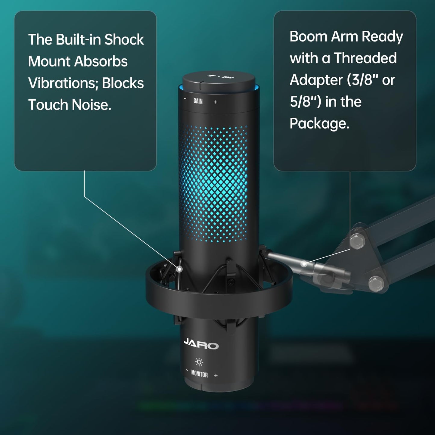 JARO USB Multi-Polar Pattern Condenser Microphone with Mute Noise Cancelation RGB for Podcasting Gaming Streaming YouTube Zoom AMSR Singing Recording [Compatible with PC Laptop Mac PS4/5], J101-CS