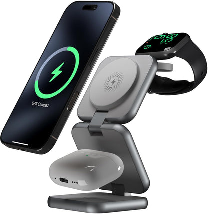 3 in 1 Charging Station for Apple Devices, Magnetic Foldable Wireless Charger, 15W Fast Charging for iPhone 12/13/14/15/16, Watches, and Earbuds, Compact Travel Design, Metal Frame