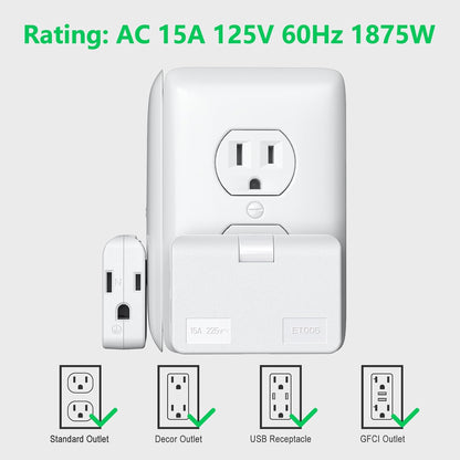 2-Prong/3-Prong Swivel Adapter, Polarized Grounding Converter with Flat Wall Plug, Fireproof 3-Outlet for Home Use (2 Pack)