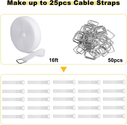 1"x16ft Hook and Loop Straps with 25 Metal Buckles, Adjustable Fastening Cable Straps, Cut-to-Length Cinch Strap, Reusable Nylon Securing Cord Ties for Organizer or Storage, 1 inch Wide, White