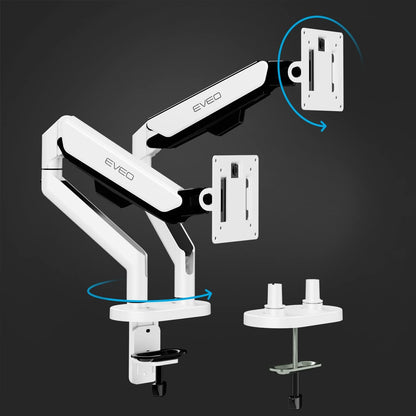 EVEO Premium Dual Monitor Mount 14"-35” Dual Monitor Arm VESA Bracket Adjustable Height Gas Spring Dual Monitor Stand, Screen Full Motion Dual Monitor Arm-Computer Monitor Stand for 2 Screens - White