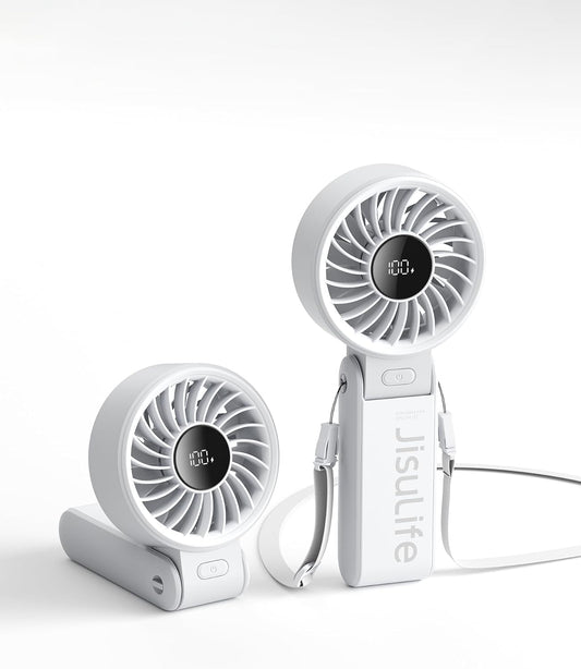 JISULIFE Handheld Fan Life7 – Ultimate Flexibility: High-Power Motor, LED Display, 3600mAh Rechargeable, 5-Speed, Foldable Design, 3-IN-1 Portable Hand/Desk/Neck Fan for Travel, Gift for Women (Grey)