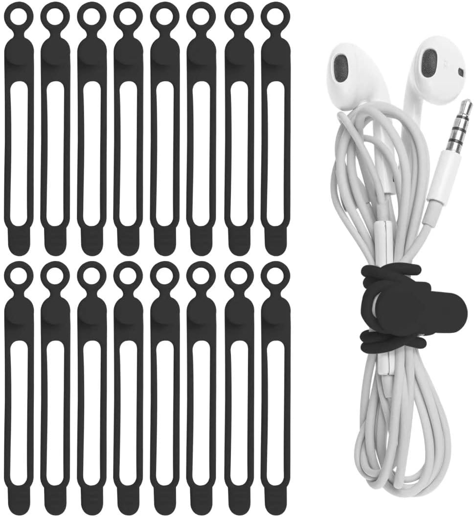 Nearockle 16Pcs Silicone Cable Straps Wire Organizer for Bundling Earphone, Phone Charger, Computer Cords, Reusable Cable Ties Cord Organizer in Home,Office,Kitchen,School(Black)