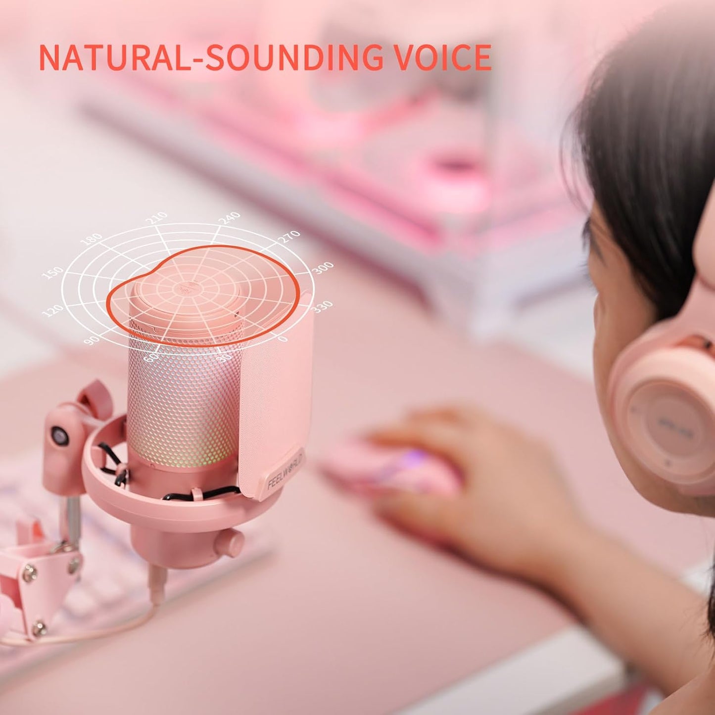 FEELWORLD VM1 Pink Gaming PC USB Microphone Condenser Mic with Noise Cancellation Mute RGB Light, Computer Accessories Gifts for Gamer YouTube Twitch Podcast Streaming Recording Online Chat PS4 PS5