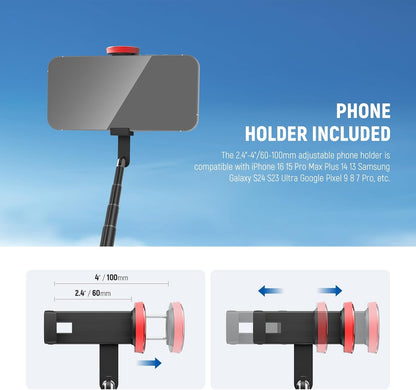 NEEWER Basics PA991 Selfie Stick Tripod Compatible with iPhone Samsung Android, 57.9 Inch Metal Portable Lightweight Travel Mobile Phone Stand with Holder & Remote Control for Video Recording