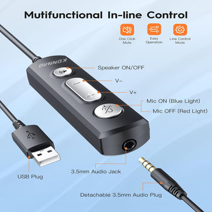 USB Headset with Microphone, 3.5mm Wired Computer Headsets with Noise Cancelling Microphone, Stereo Headphones with MIC for PC, in Line Controls, Work Headset for Skype Zoom Tablet Laptop
