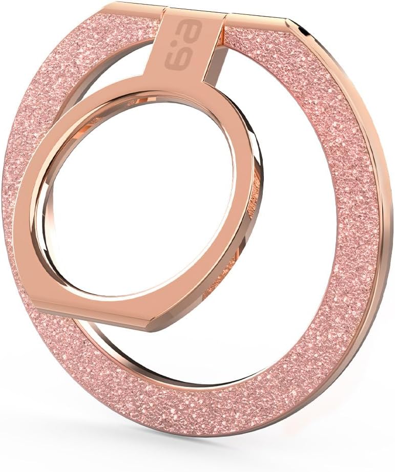 PureGear Magnetic Phone Grip Ring Stand, Magnetic Phone Ring Holder for MagSafe iPhone 16, 16Pro, 16Plus, 16ProMax, 15, 15Plus, 14, 14ProMax, 13,12, Adjustable Kickstand(Chrome Rose Gold Pink Glitter)