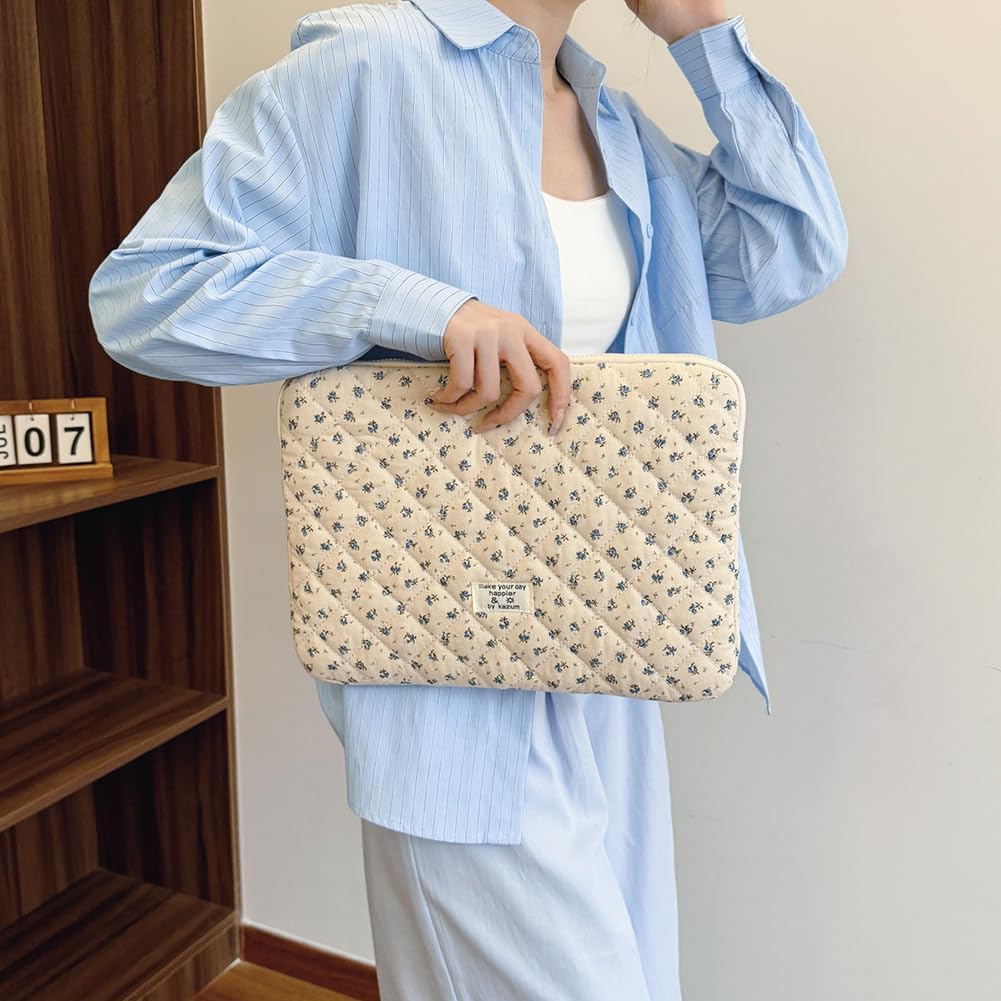Puffy Laptop Sleeve 13-15.6 Inch Cute Quilted Laptop Protective Case Padded Floral Computer Sleeve for MacBook (A-Blue, 13 Inch)