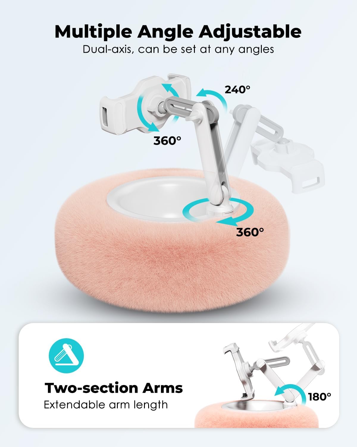 Viozon Tablet Stand Pillow, Compatible with 4.7"-13" Phone/Tablet, iPad, iPhone, Samsung, Google, Kindle, 360°Adjustable Phone Holder for Bed with Soft Plush Fabric, and Detachable Bowl, Pink