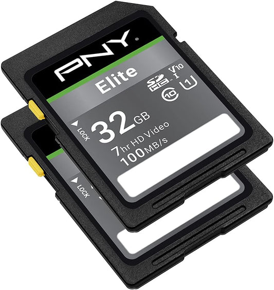 PNY 32GB Elite Class 10 U1 V10 SDHC Flash Memory Card - 100MB/s, Class 10, U1, V10, Full HD, UHS-I, Full Size SD (Pack of 2)