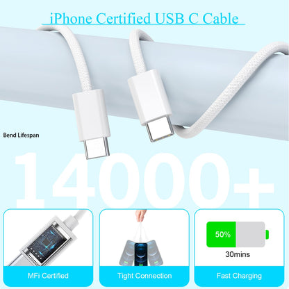 10FT Woven Cable for Apple 16 15, 60W 10Foot USB C to Type C Braided Charger Cable Cord & 20W USB C Charger Block Cube Travel Plug Super Quick Charging for iPhone 16 15/16 15 Plus/Pro/Pro Max,iPad Pro