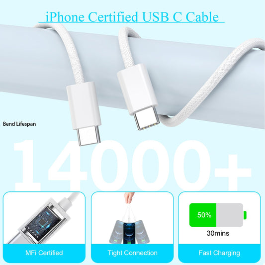 10FT Woven Cable for Apple 16 15, 60W 10Foot USB C to Type C Braided Charger Cable Cord & 20W USB C Charger Block Cube Travel Plug Super Quick Charging for iPhone 16 15/16 15 Plus/Pro/Pro Max,iPad Pro