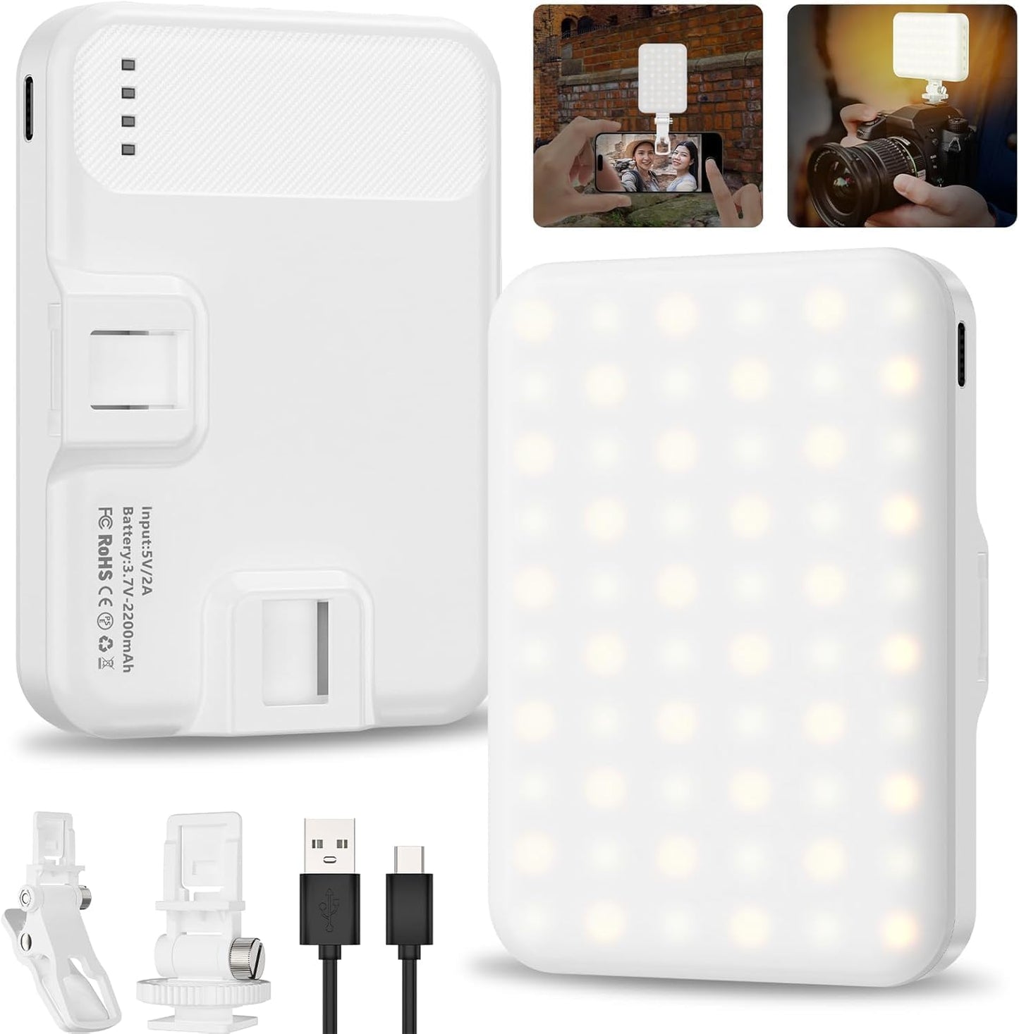 Selfie Light, LED Camera Light Video Lights 60 LED 2200mAh Rechargeable Phone Light 7 Modes, 10-Level Brightness, Portable Clip on Light for Phone/Tablet/Laptop White