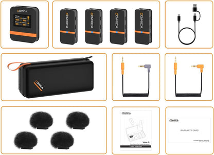 COMICA Vimo Q Four-Channel Mini Wireless Lavalier Microphone System with 4 Transmitters and 1 Receiver with Charging Case for Phone Video Recording Interview Youtubers Vloggers