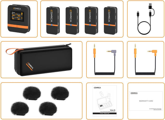 COMICA Vimo Q Four-Channel Mini Wireless Lavalier Microphone System with 4 Transmitters and 1 Receiver with Charging Case for Phone Video Recording Interview Youtubers Vloggers