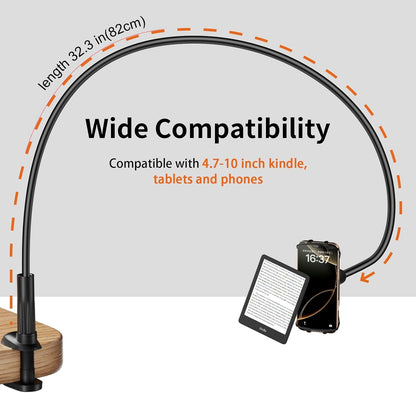 Gooseneck Kindle Holder for Reading in Bed - [Anti-Slip] Phone Holder for Bed, Kindle Paperwhite Stand Accessories, Overhead Cell Phone Clamp Mount for Desk, for Tablets 4-10 inches