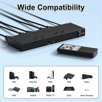 Y.D.F 4 Way HDMI Switch 4k@60Hz HDMI Switcher 4 in 1 Out HDCP 2.0 Manual HDMI 2.0 Hub Supports 3D Compatible with Nintendo Switch/Switch OLED/Xbox/ PS5/4/3 Blu-Ray Player Fire Stick Roku Apple TV