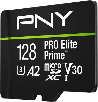 PNY 128GB PRO Elite Prime™ C10 U3 V30 A2 microSDXC Flash Memory Card & Performance Prime™ Reader – Ultra-Fast Speeds, Read 200MB/s, Write 150MB/s, 4K UHD, UHS-I, For Smartphones, Drones, Action Camera