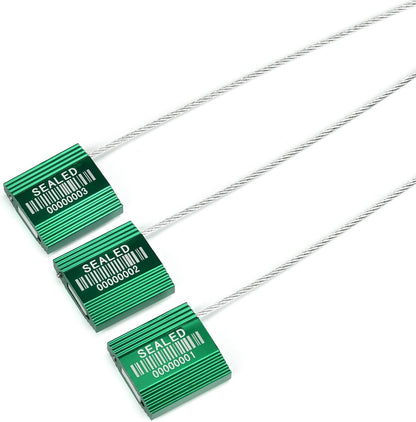 100 Green Steel Cable Seals With Barcode - High Security Numbered Truck Anti-Tamper Pull Tite Tags - Metal Container Shipping Self-Locking Safety Ties ISO 17712