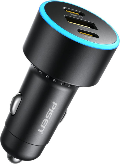 PISEN 60W 3-Port USB C Car Charger - PD30W & QC3.0 Fast Charging, Multi Device Compatible, LED Indicator, Durable Design, Safety Certified for iPhone 16/15/14/13/12 Series