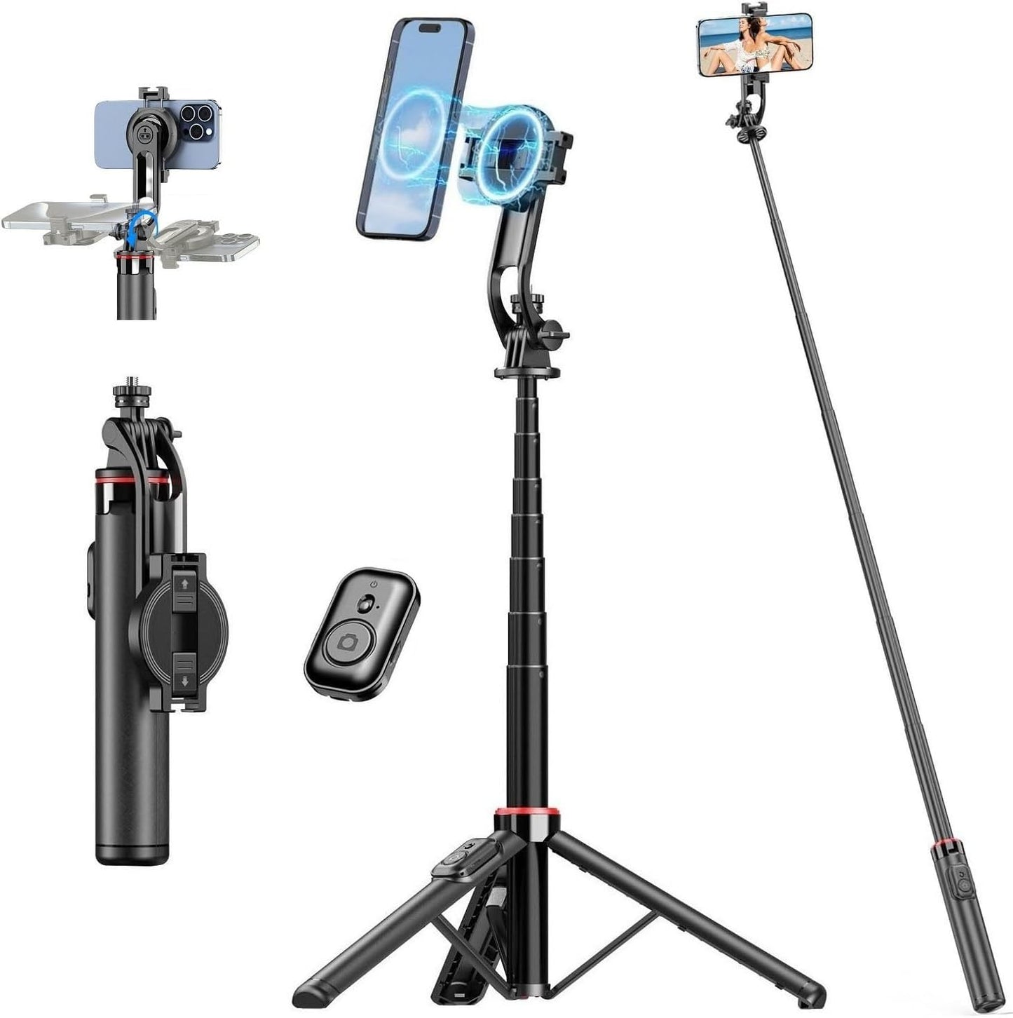 Magnetic Selfie Stick Tripod for iPhone, 51" Phone Tripod Compatible with Magsafe, Travel Selfie Stick for iPhone 16 15 14 12 Series Android Phone Stand Camera Holder for Video Recording
