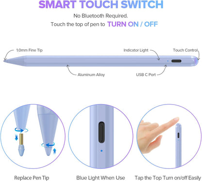 Stylus Pen for iPad 6th-11th Generation-2X Fast Charge Active Pencil Compatible with 2018-2025 Apple iPad Pro 11"/12.9"/M4, iPad Air 3/4/5/M2/M3,iPad mini 5/6 Gen-Purple