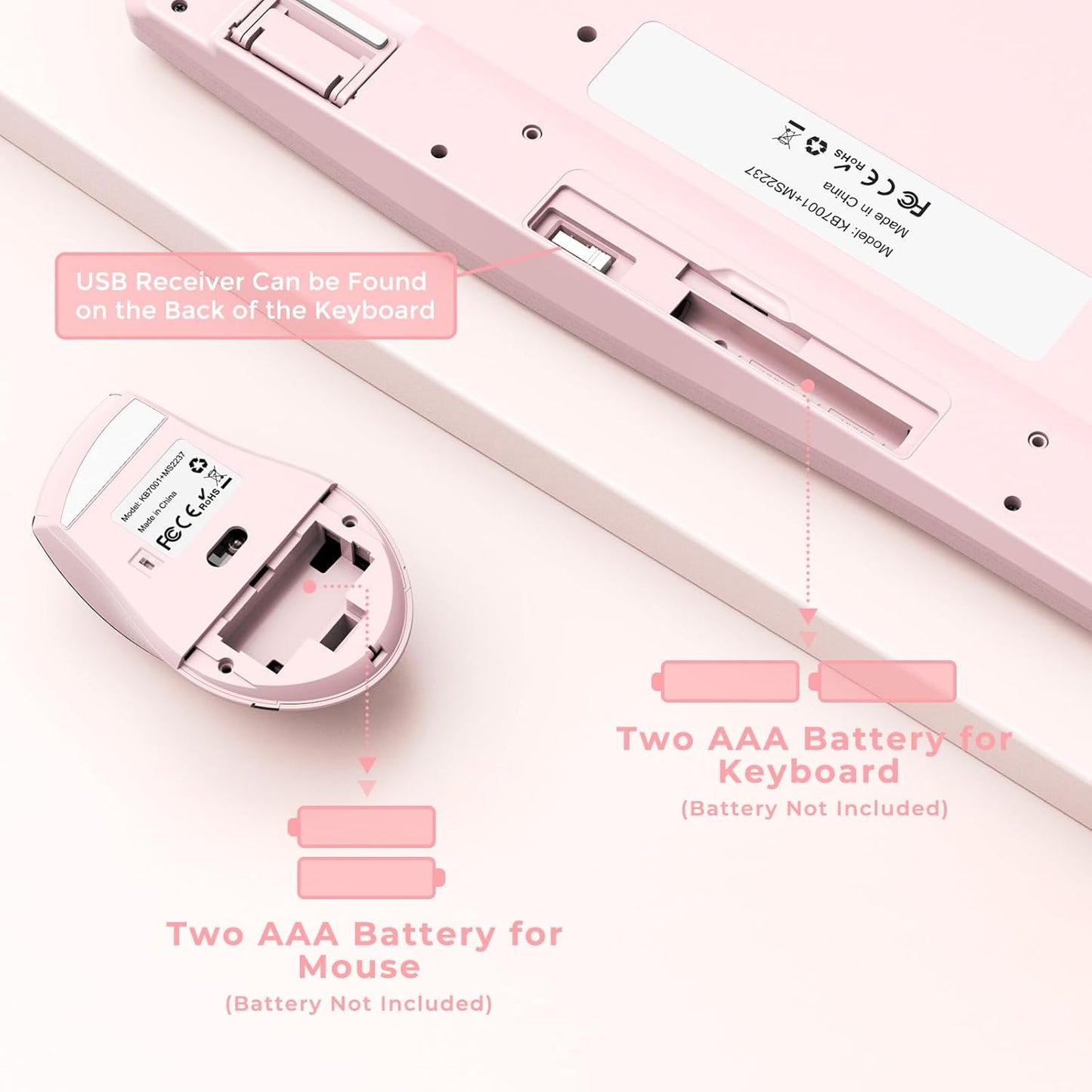 Wireless Keyboard and Mouse - Full Size Ergonomic Keyboard with Palm Wrist Rest Ergonomic Mouse Cordless for Windows Computers Laptops - Light Pink (Upgrade)