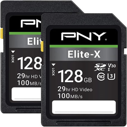 PNY 128GB Elite-X Class 10 U3 V30 SDXC Flash Memory Card - 100MB/s, Class 10, U3, V30, 4K UHD, Full HD, UHS-I, Full Size SD (Pack of 2)