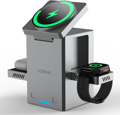 LOBKIN 3 in 1 Charging Station, Qi2 15W Foldable Intelligent Fast Wireless Charging Station,MagSafe Charger Stand for iPhone 16/15/14/13, Airpods, Apple Watch