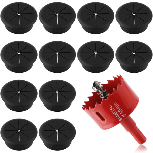 2 Inch(50mm) Desk Grommet,12 Pieces Wire Grommet, Desk Hole Cover for Cables with Hole Saw,Plastic Cable Cord Wire Hole Cover for Desk, Table,Cabinet,Countertop and Other Furniture(Black)