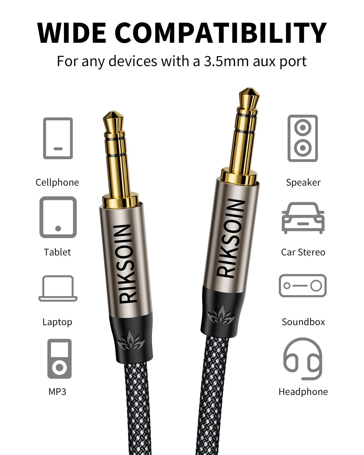 3.5mm Nylon Braided Aux Cable 4FT, Silver-Plated Wire Core Male to Male Cord for Headphones Car Home Stereos Speaker Compatible with iPhone iPad iPod Echo More