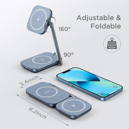 2-in-1 MagSafe Charger Stand, 20W Foldable Travel Fast Magnetic Wireless Charger, Zinc Alloy Wireless Charging Station for iPhone 15/14/13/12 Series, AirPods Pro/3/2