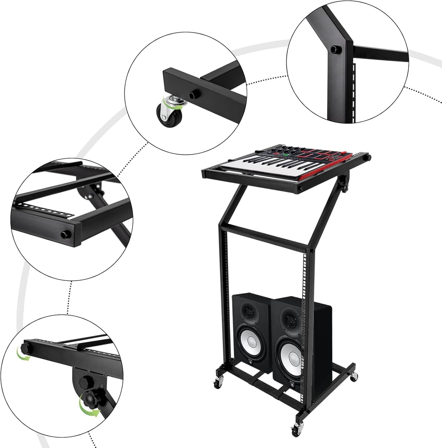 16U Professional DJ Stand Rack Mount DJ Mixer Stand Adjustable Stage Cart w/Wheel for Music Party Show Music Studios Performance Stages Concert Venues