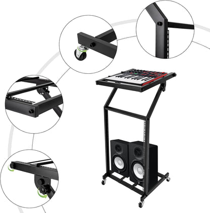 16U Professional DJ Stand Rack Mount DJ Mixer Stand Adjustable Stage Cart w/Wheel for Music Party Show Music Studios Performance Stages Concert Venues