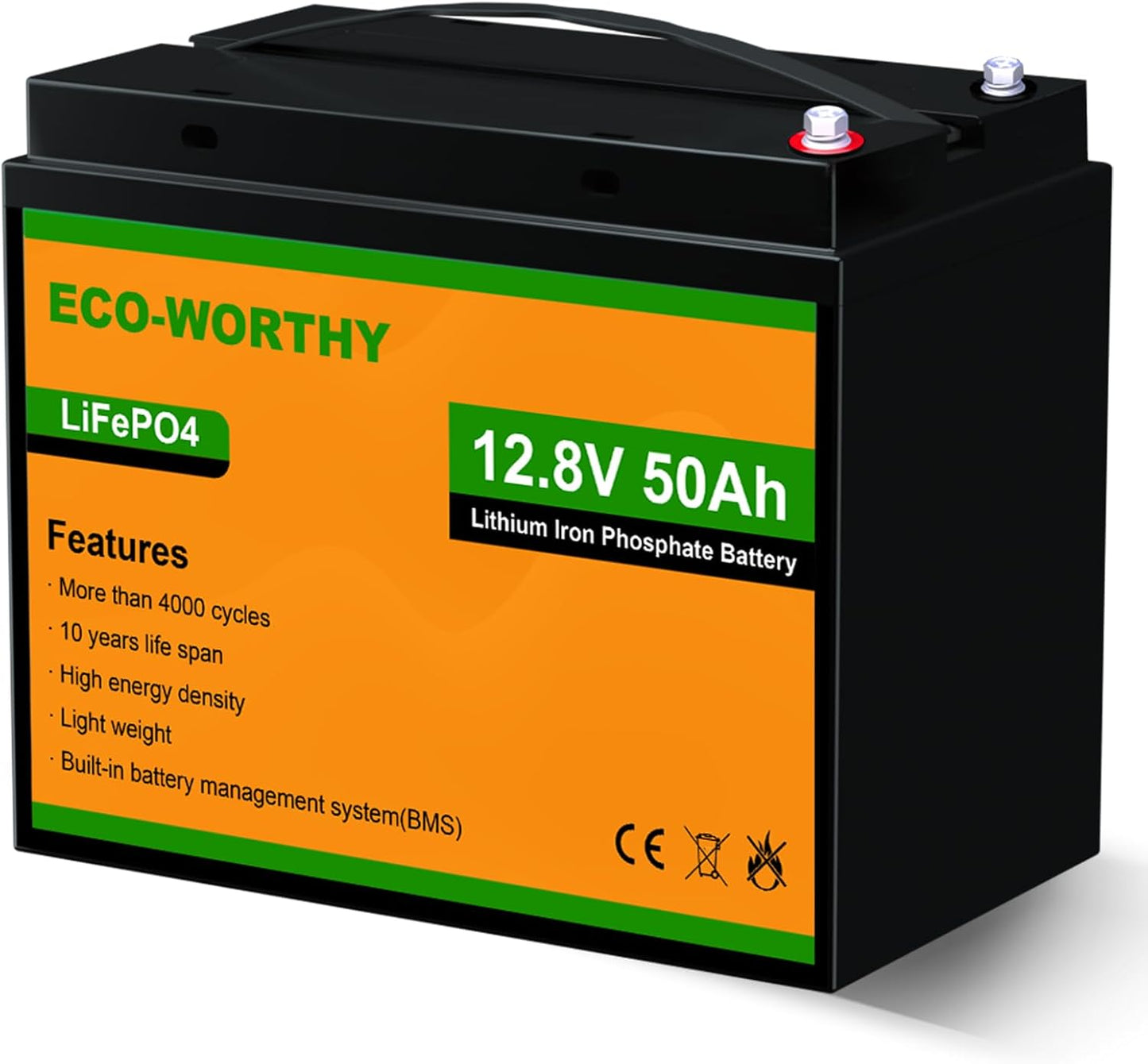 ECO-WORTHY 12V 50Ah Trolling Motor LiFePO4 Lithium Battery with BMS, 3000~15000 Times in Deep Cycle, for 30~50lb Trolling Motor, Travel Trailer, RV, Marine, Solar, Power Wheel Chair