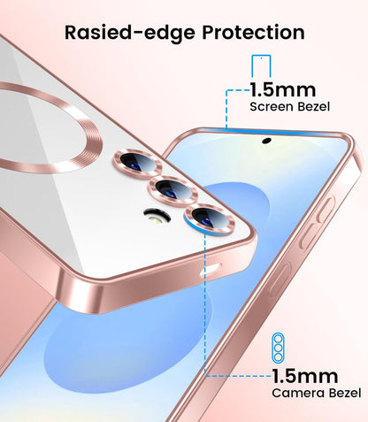 Slim Thin for Samsung Galaxy S25 Case, Compatible with MagSafe, Built-in Camera Lens Protector, Shockproof Protective Phone Case, Soft Electroplated Clear Phone Cover, Rose Gold