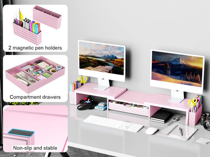 Spacrea Metal Desk Organizers and Accessories, Dual Monitor Stand Riser with Drawer and 2 Pen Holders, Desk Accessories & Workspace Desktop Organizers for Office Supplies (Pink)