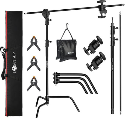 LOMTAP C Stand Light Stand Stainless Metal Photography Kit - Heavy Duty 6.8ft/210cm Vertical Pole, 2.8ft/87cm Boom Arm, Adjustable Base, Water Sandbag, 2 Grip Heads, 3 Clips for Softbox, Reflector