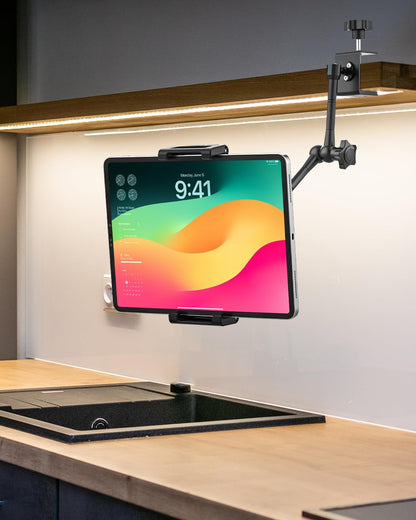 Aluminum Tablet Stand Holder for Desk Mount - [Small Portable] Tablet Holder for Kitchen, Bed Clip with 1.26" Depth Large Clamp for iPad Pro 13 Air Mini, Galaxy, Fire, Switch, iPhone, 6-15.6" Devices